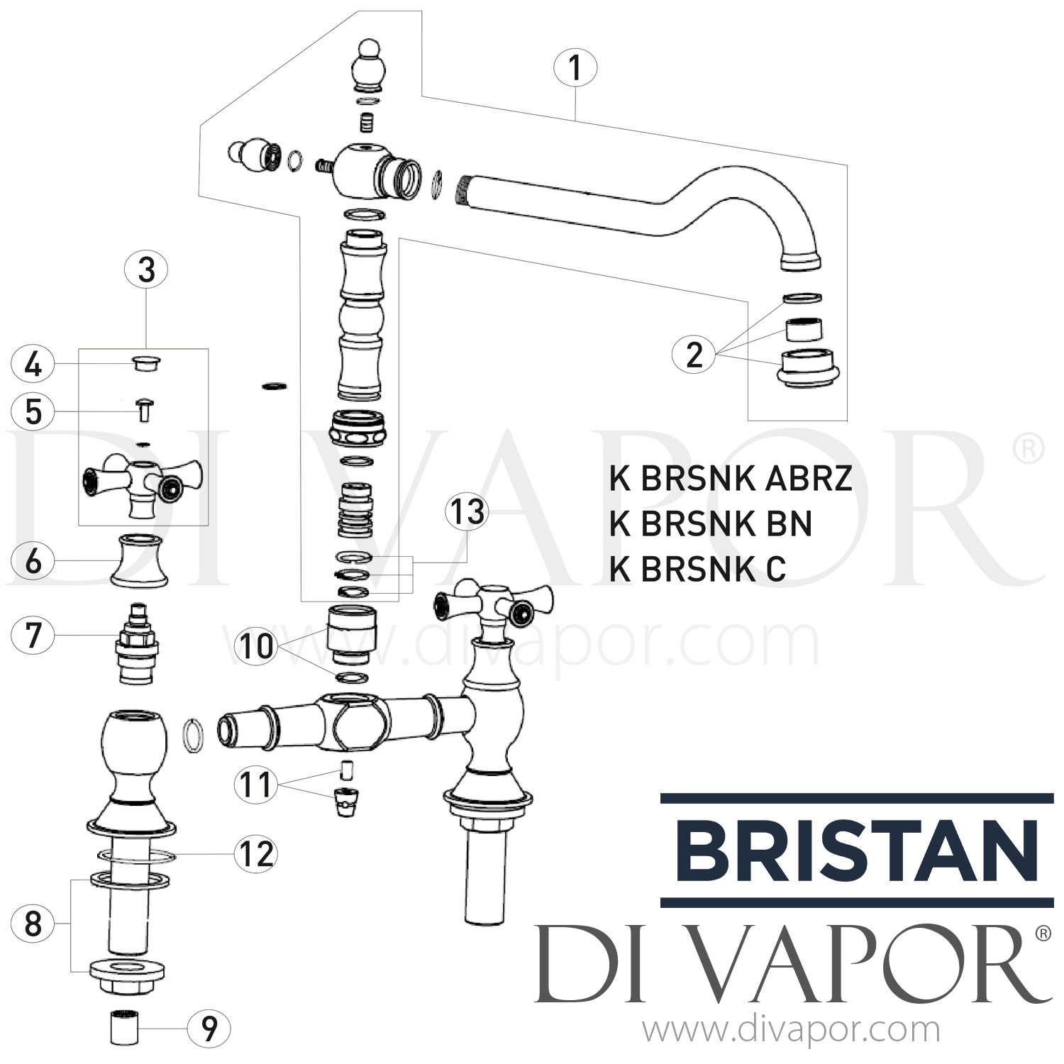Bristan K BRSNK C Colonial Bridge Sink Mixer Tap Spare Parts